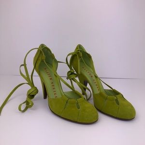 Walter Steiger Chartreuse Suede‎ Lace Up Pumps NWOB Sz. 38 NWOB
